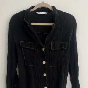 Zara Topstitch Crepe Button Up Blouse Black, Size M